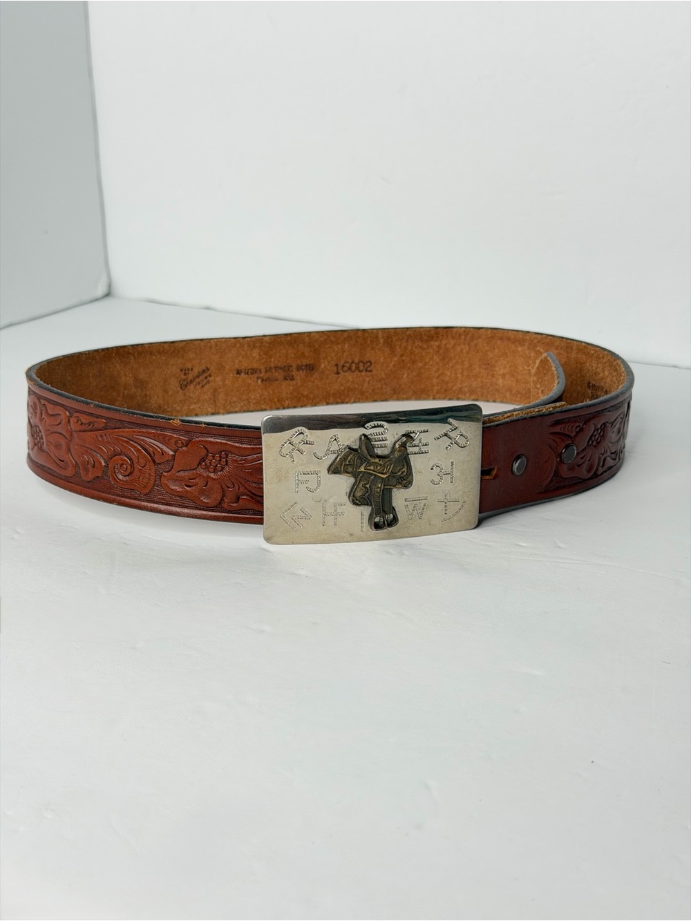 Vintage Chambers Arizona Tooled Hand Finished Brown Leather Western Belt Buckle